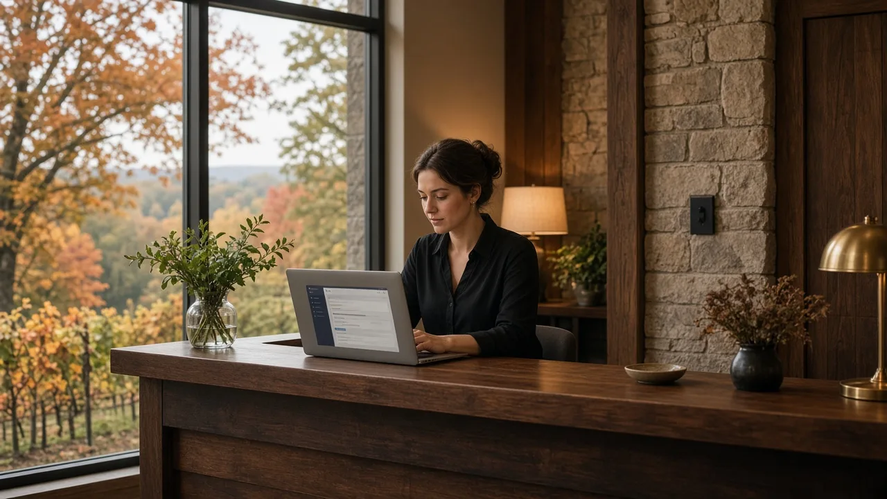 Front desk staff at a Niagara boutique hotel reviewing guest messages on a laptop in autumn